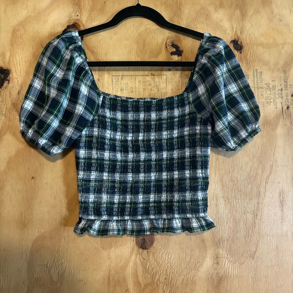 American Eagle Green Plaid Puff Sleeve Crop Blouse Sz XS